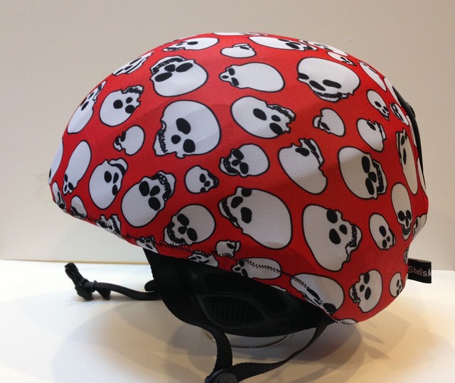 Ski & Sport Helmet cover by Shellskin. Red w/White Skulls print Spandex