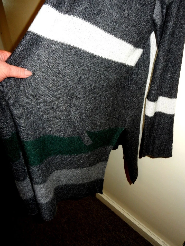 CÁRDIGAN 2 BOLSILLOS CHAL DELANTERO ABIERTO A RAYAS GRIS VERDE MEZCLA LANA TERCIOPELO L-2XL Foto 2 de 4