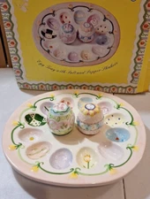 VINTAGE SPRING EASTER DEVILLED EGG PLATTER WITH SALT AND PEPPER SHAKERS ORIGINAL