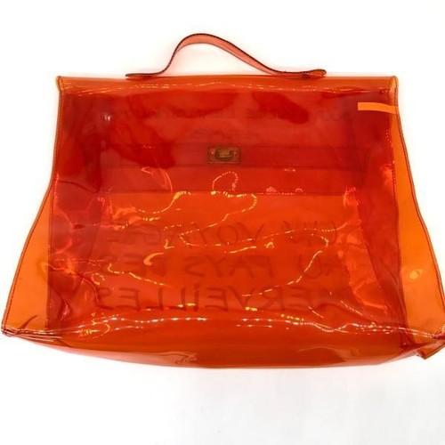 HERMES Vinyl Kelly Clear Hand Bag Orange PVC Auth Japan - Picture 4 of 10
