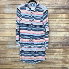 Sonoma Dress Womens XS Stripe Print Button Down Shirt Drawstring Collar Woven