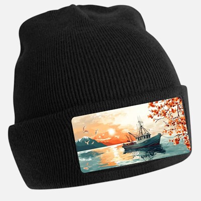 Black Beanie Hat with Cool Fishing Boat Motif - Unisex Cap, Cotton