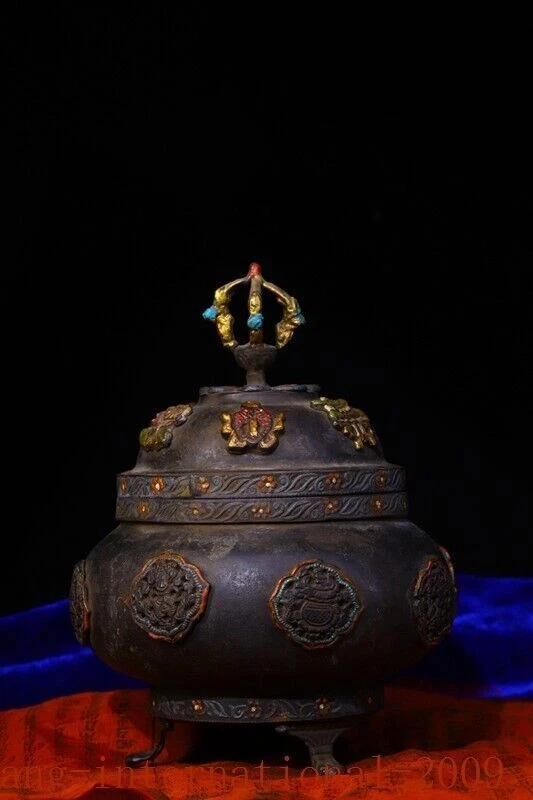 Queimador de incenso 6,8" templo budismo tibetano pintado de cobre incensário - Imagem 4 de 4