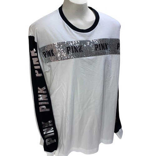 Victoria's Secret PINK Large Bling Silver Sequins Graphic Long Sleeve Campus Tee - Picture 13 of 13