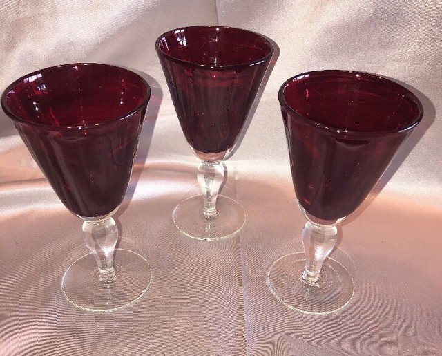 3 Ruby Red Hand Blown Wine Glasses With Clear Bubble Stems eBay
