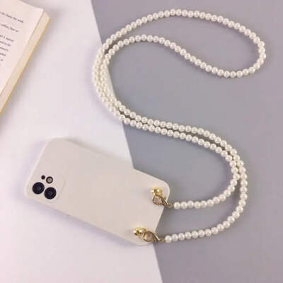 Handyhülle Cross Body-I Phone 12 13 mini Pro Max-Handy Kette-Perlen Weiß-Silikon