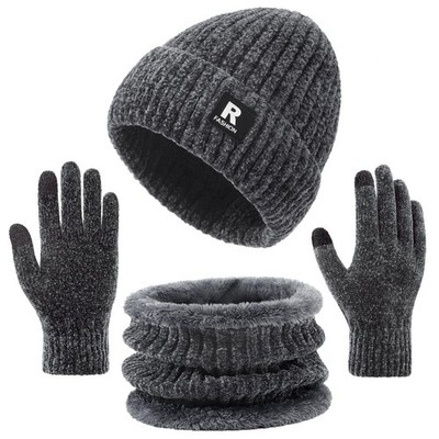 Winter Beanie Hat Circle Scarf Gloves Set for Men One Size, Chenille - Grey 
