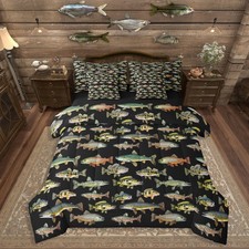 Fishing 7 Piece Queen Comforter Set, Black Pike Fish Bedding Sets for Teens M...