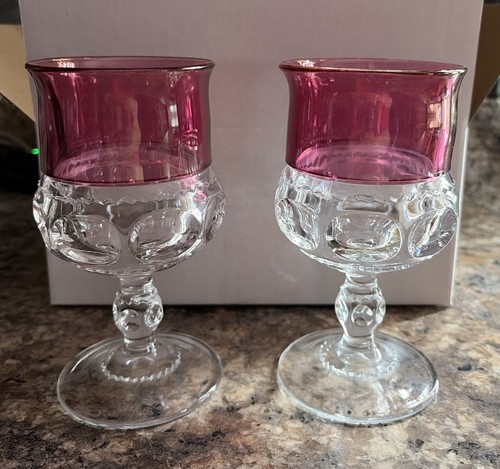 Two 5 1/2” Tall King's Crown Thumbprint Line Cranberry Flashed Wine Glasses Mint