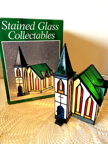 Stained Glass Tiffany Style Lamp Vtg Xmas Village CATHEDRAL CHURCH HOUSE