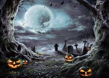 7x5ft Halloween Photography Backdrop, Polyester, Full Moon Graveyard