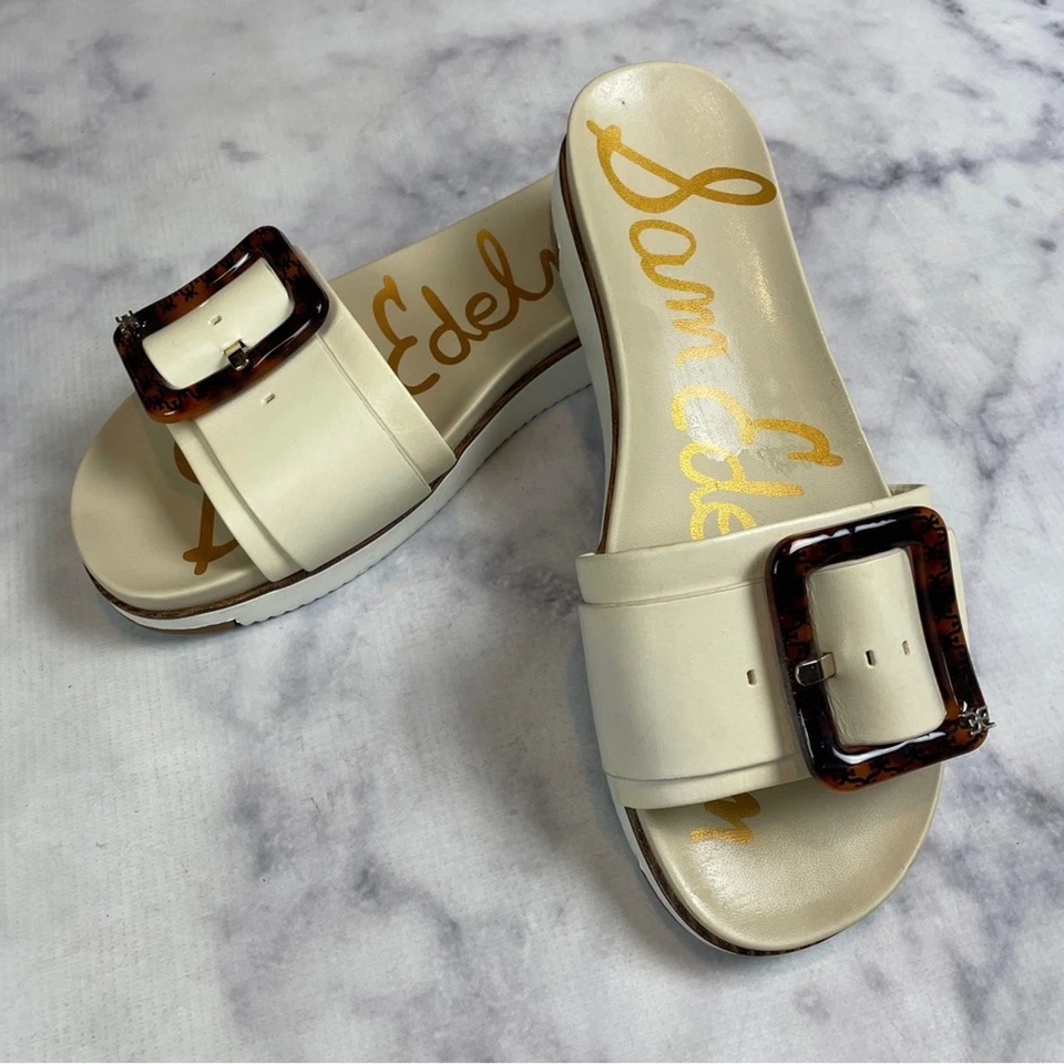 Sam Edelman Ariane Ivory Leather Slide Sandals Tortoise Buckle Sz 9 - Image 2 of 4