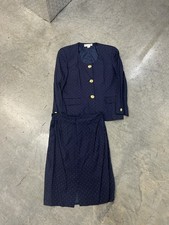 Vtg Christian Dior navy blue polka dot Jacket Skirt Suit Set 14 Business Classic