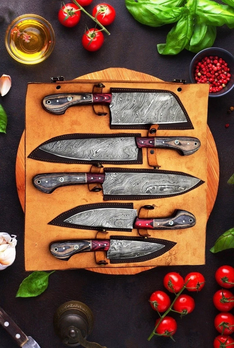 5PCS Damascus Kitchen Knife Set Handmade Chef Cleaver Santoku Utility Knives