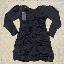 Zara Dress Womens Medium Black Ruched Long Sleeve Mini Bodycon Party Cocktail