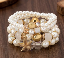 Set of 4 Imitation Crystal and Pearl Beaded Elastic Bracelets 7-8 inch