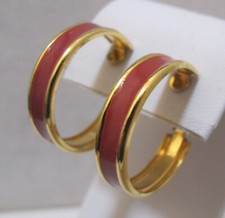 Vintage 7/8 Gold Tone Red Enamel Center HOOP Earrings Clip Style