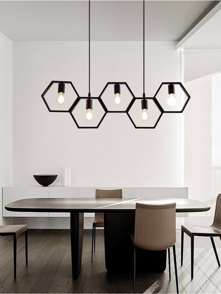 Lampadario Sospensione 5 Luci E27 Metallo Nero Esagonale Moderno