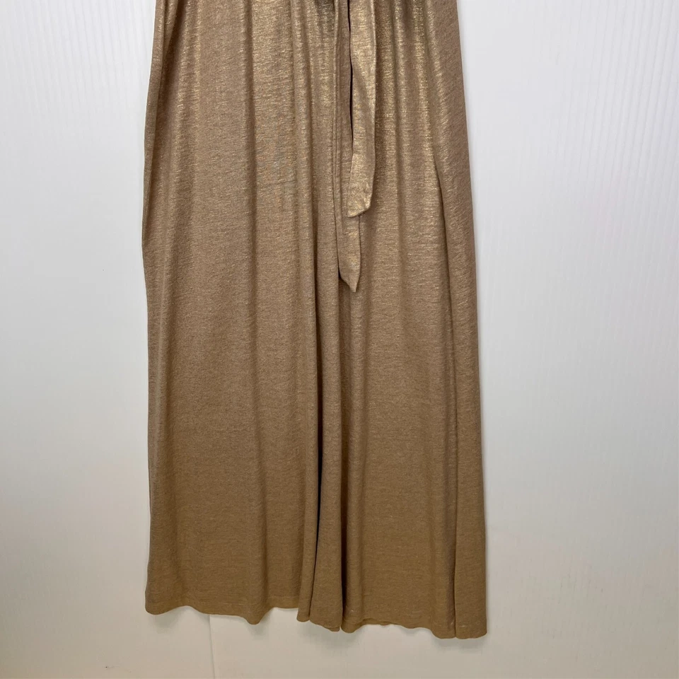 Vestido Tibi Mujer 6 Lino Maxi Dorado Brillo Cinturón Imperio Cuello en V Fiesta Resort Core Foto 4 de 4