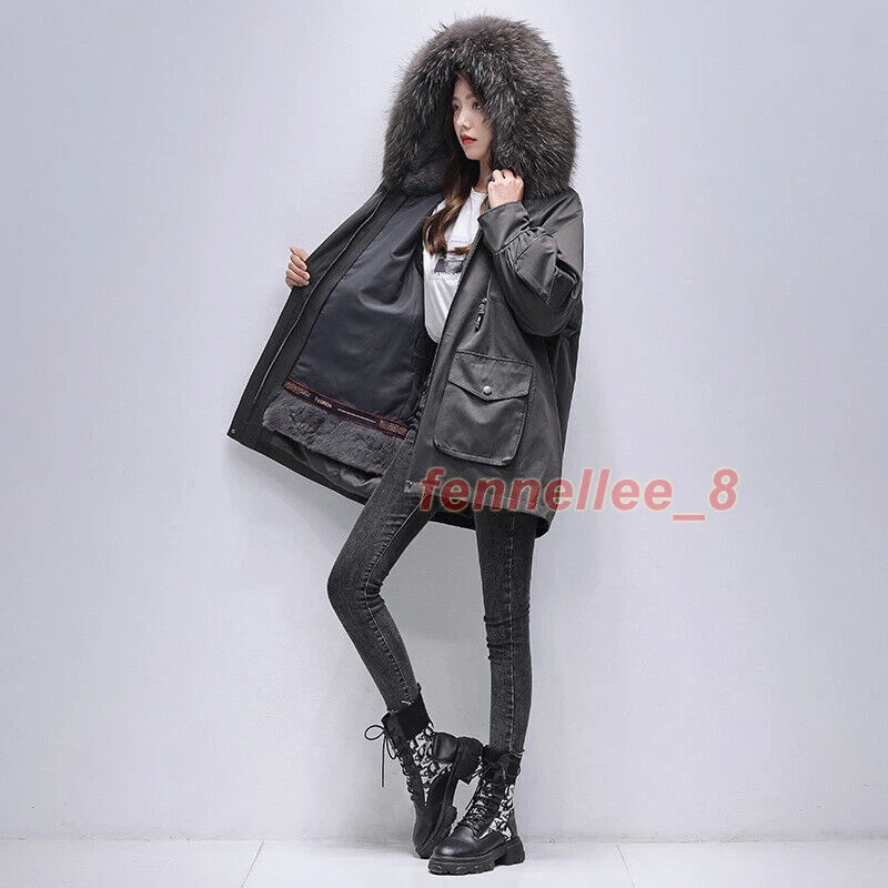 OFF WHITE Cappotto donna invernale con cappuccio medio lungo parka vera pelliccia di procione collo soprabito cerniera