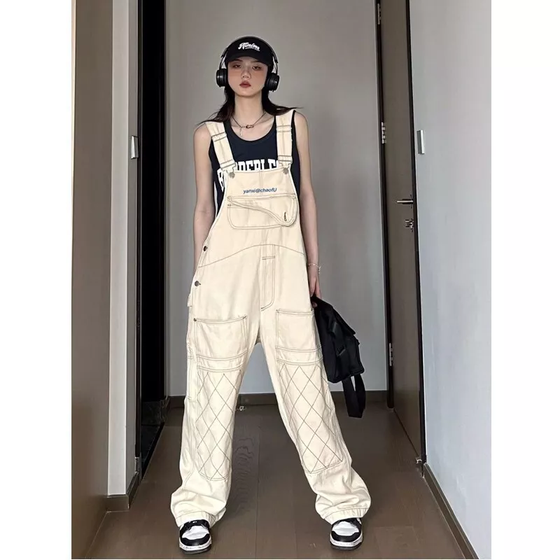 Japanese women pocket denim jumpsuit jeans overalls loose wide leg trousers