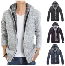 Mens Winter Cardigan Sweater Faux Fur Lined Thicken Hoodie Knitted Jackets Coats