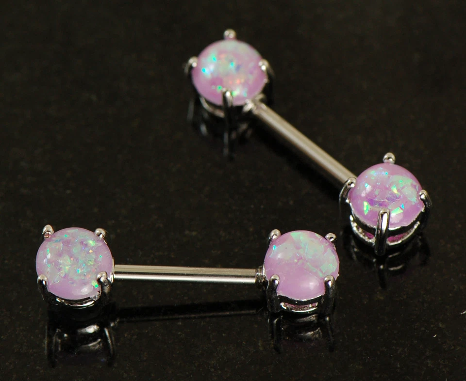 Par de anillos de pezón con barra de ópalo de fuego púrpura joyería perforadora 14G Foto 2 de 3