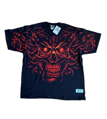 VINTAGE Y2K Liquid Blue Flaming Skull AOP Skull Fire Spine XL 2008 Shirt NWT