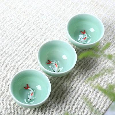 DREAM HOME 6pcs/lot Chinese tea cup porcelain fish relief cup of tea for Pu'er tea green