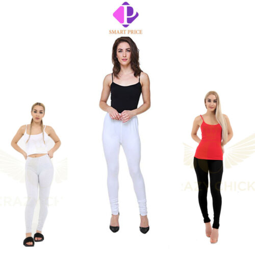Womens Ladies Plain Cotton Full Length Leggings UK Size 8-22 - Afbeelding 1 van 3
