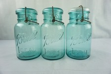 3 ANTIQUE BALL QUART CANNING JARS GLASS LIDS 1908 READ