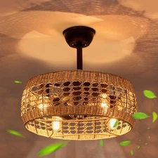 18" Rattan Ceiling Fan with Lights Remote,4-Light Boho String Paper Caged Cei...