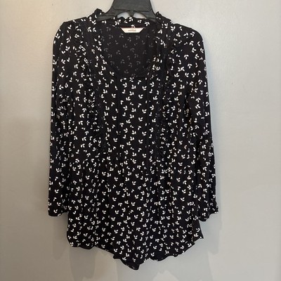 Women Essentials by Tchibo Navy Floral Tunic Top Stretchy Ruffle Accent Size M