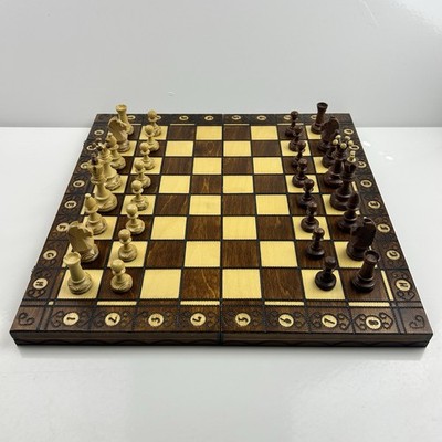 Vintage Holz Klapp Schachspiel Intarsien Handarbeit Europäisch Top Zustand