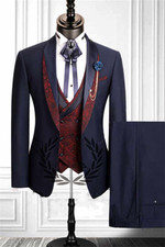Men Navy Blue Shawl Lapel Blazer Slim Fit Formal Party Prom Tuxedo Wedding Suit