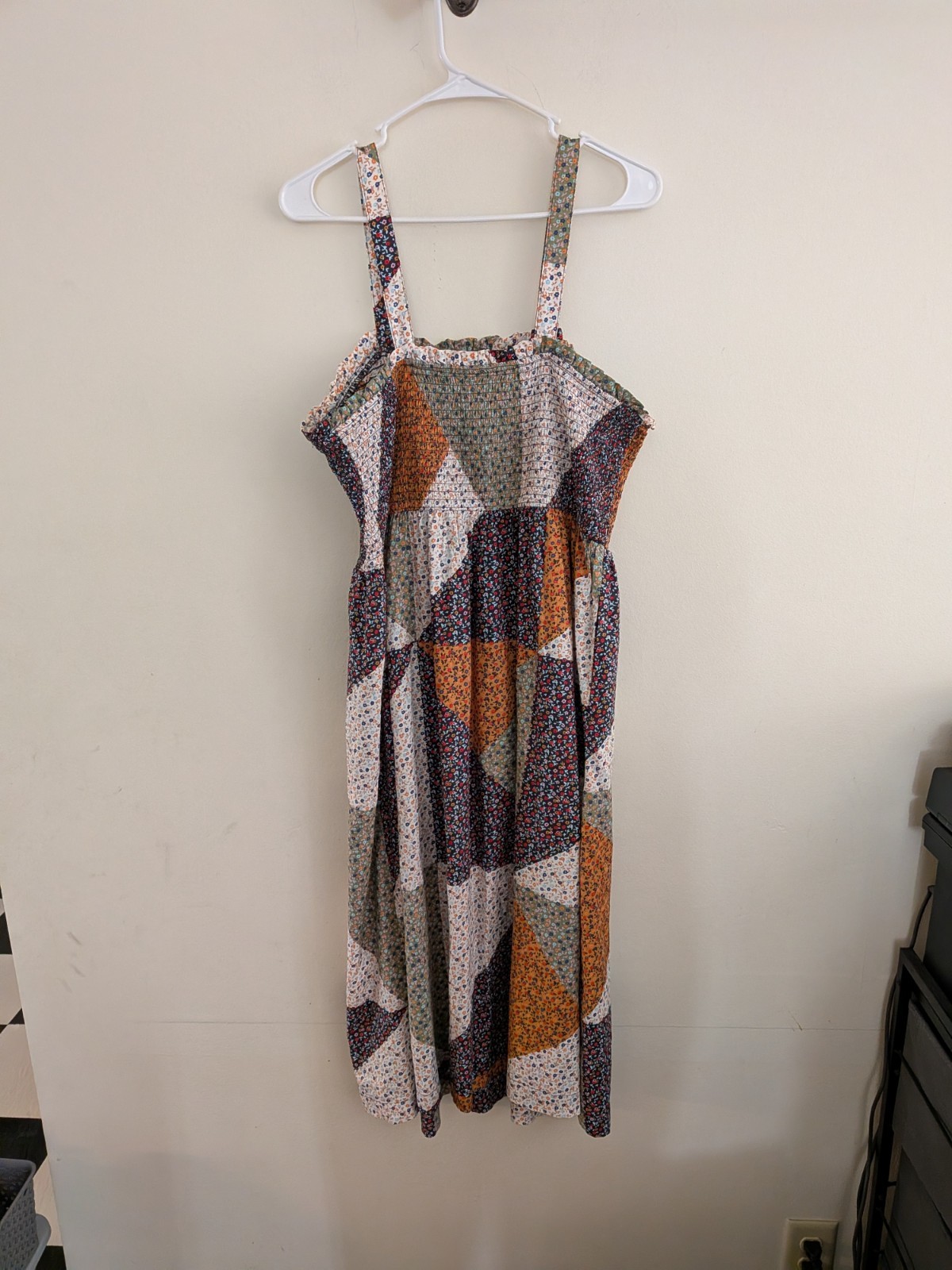 Geometric Patchwork Midi Dress Smocked Bodice Sle… - image 5