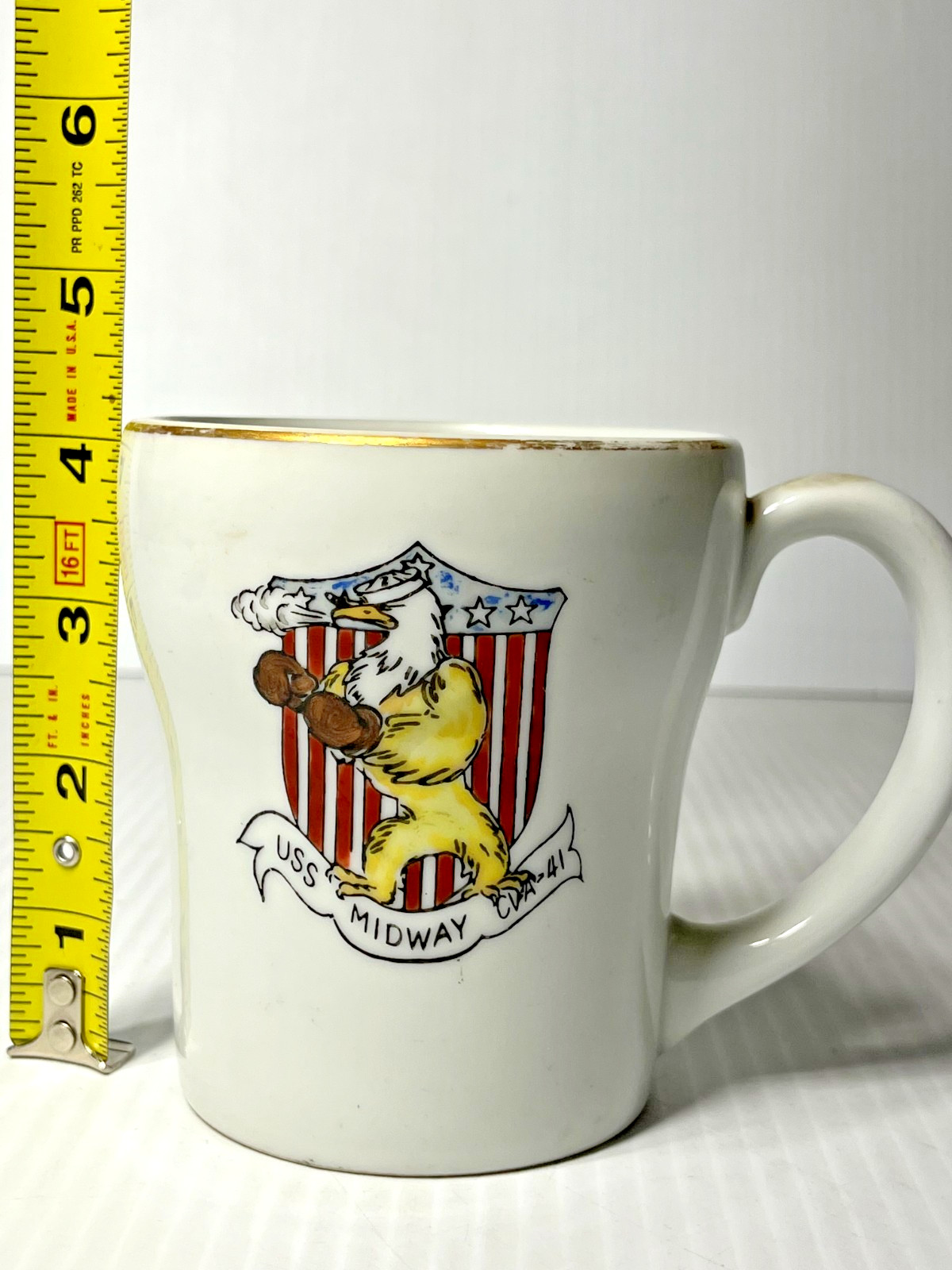 USS Midway CVA-41 Original Coffee Cup Mug Eagle with Boxing Gloves Vintage