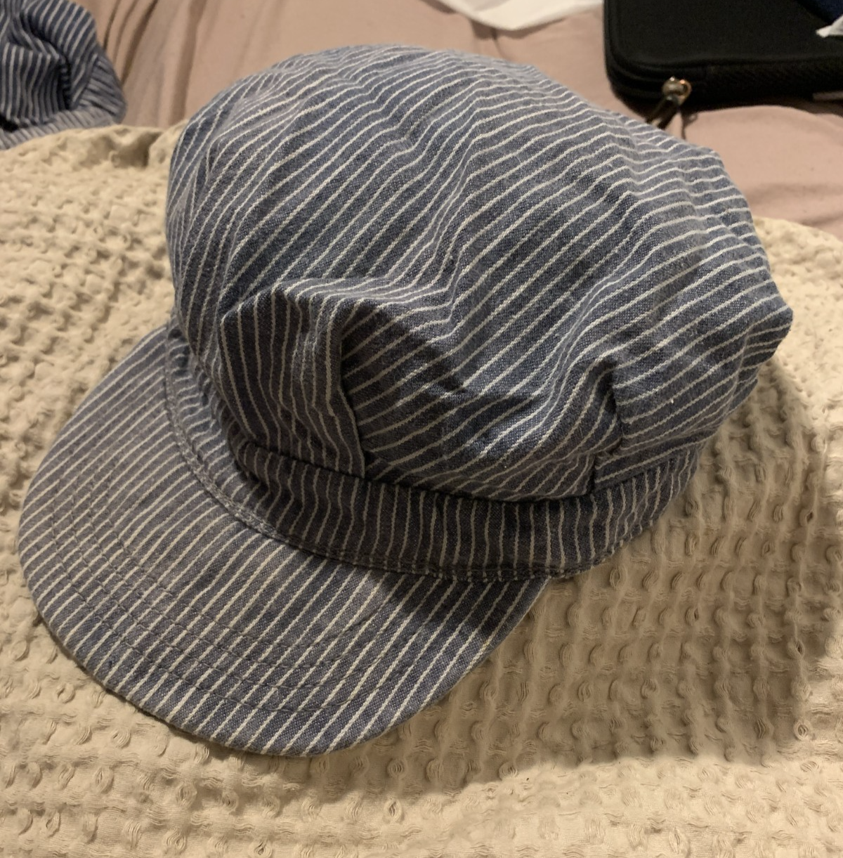 Vintage 1940's Railroad Engineer Workwear Pleated Striped Indigo Cap - Size XL