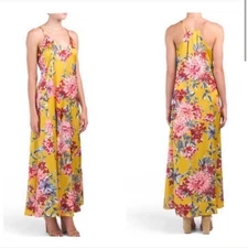 Nicole Miller Yellow Floral Maxi Dress Sz 6 Spaghetti Strap V Neck Trapeze