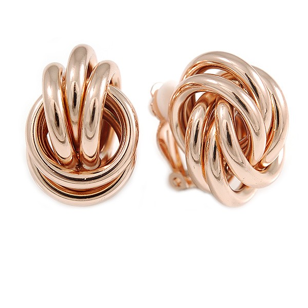 Polished Rose Gold Tone Knot Clip On Earrings - 23mm Long