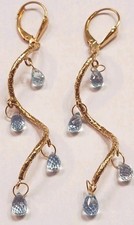 Genuine Solid 14K Gold Leverback 4.1g Long 2 3/4" Dangle Earrings Blue Topaz