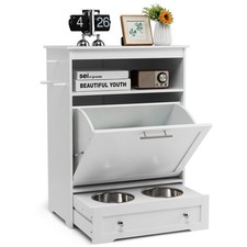Pet Feeding Station Furniture w/ Double Pull Out Dog Bowl Food Cabinet White