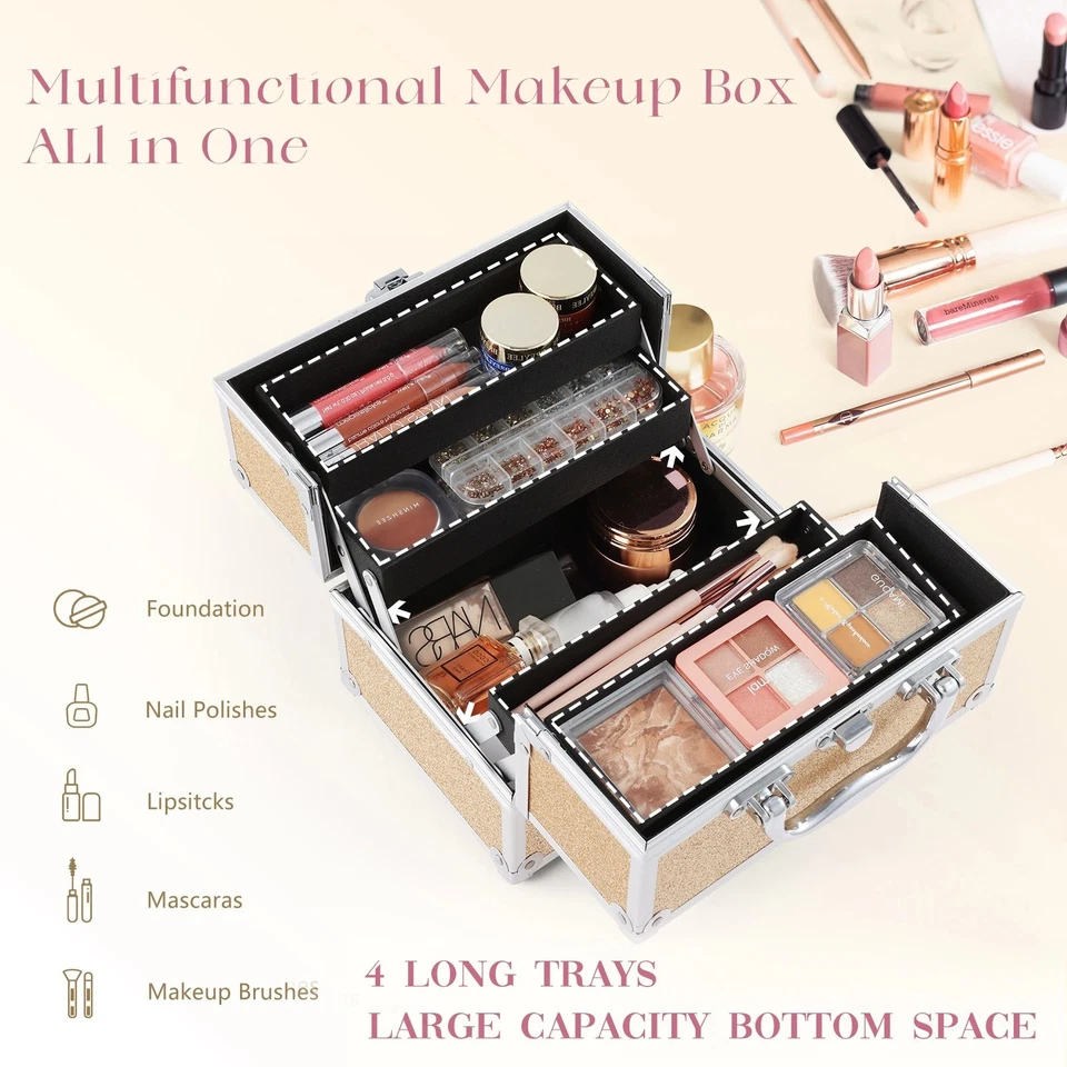 Portable Makeup Box with Lock, 4 Trays Cosmetic Jewelry Storage Case - Image 4 of 4