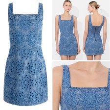 ALICE + OLIVIA MARYANN DENIM AVERY BLUE FLORAL LACE CUTOUT MINI DRESS 6 $495 NWT