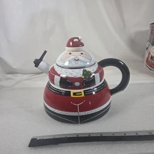 Roshco Santa Claus Tea Kettle 3 Qt Porcelain Enamel on Steel Christmas Whistling