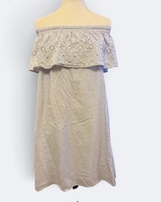 LOFT Sz M Dress Women’s Blue White Striped Off Shoulder Eyelet Lace Boho Shift