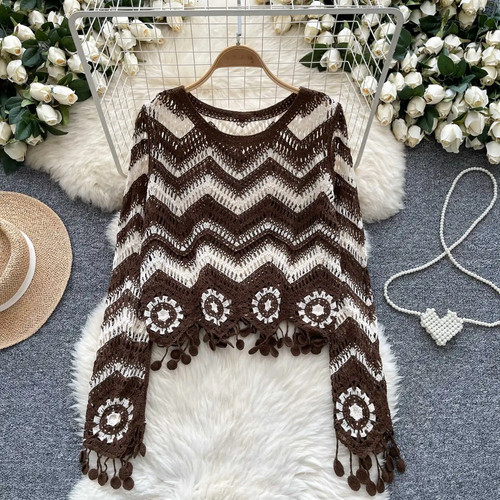 Zig Zag Crochet Top Long Sleeve V-Neck Wavy Striped Open-knit Pullover Sweater f - Picture 2 of 9
