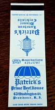 Vintage Matchbook: Patrick's Prime Beef House, Providence, RI