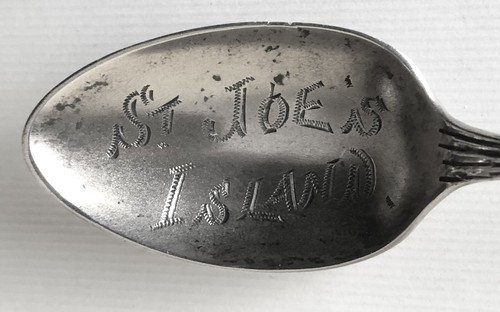 Antico cucchiaio souvenir argento sterling CANADA smalto corona foglia isola di St. Joe - Foto 4 di 5