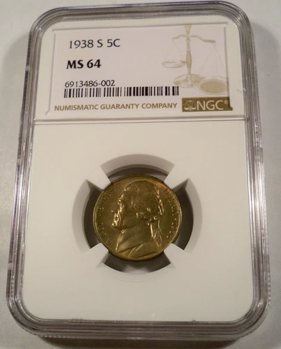 1938-S 5C NGC MS64 JEFFERSON NICKEL AMAZING RAINBOW TONE MS 64